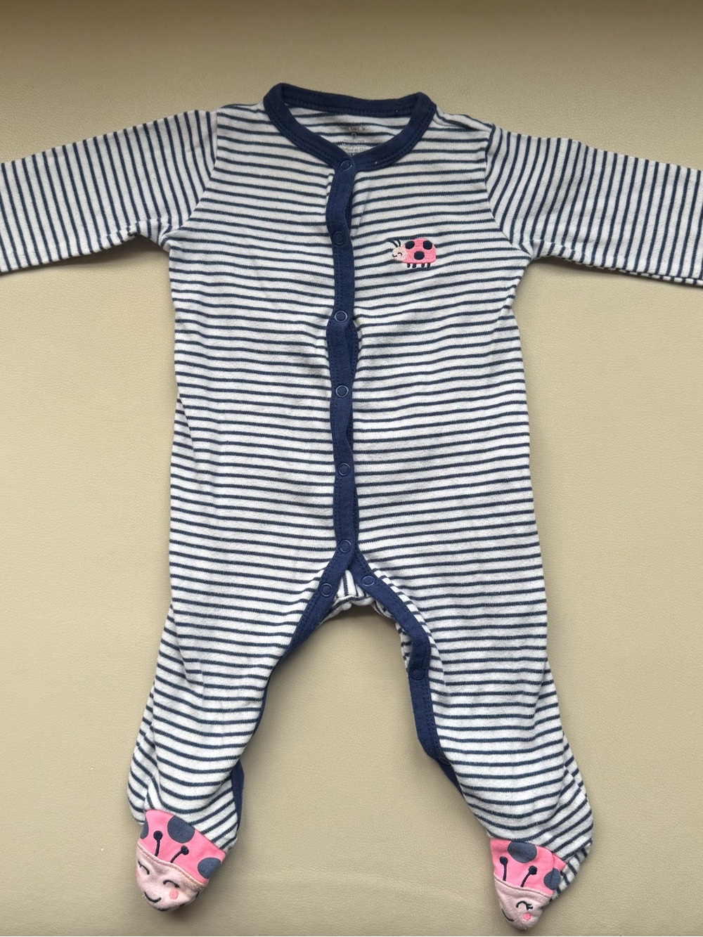 Striped Navy & White Baby One-Piece with Pink Ladybug Feet